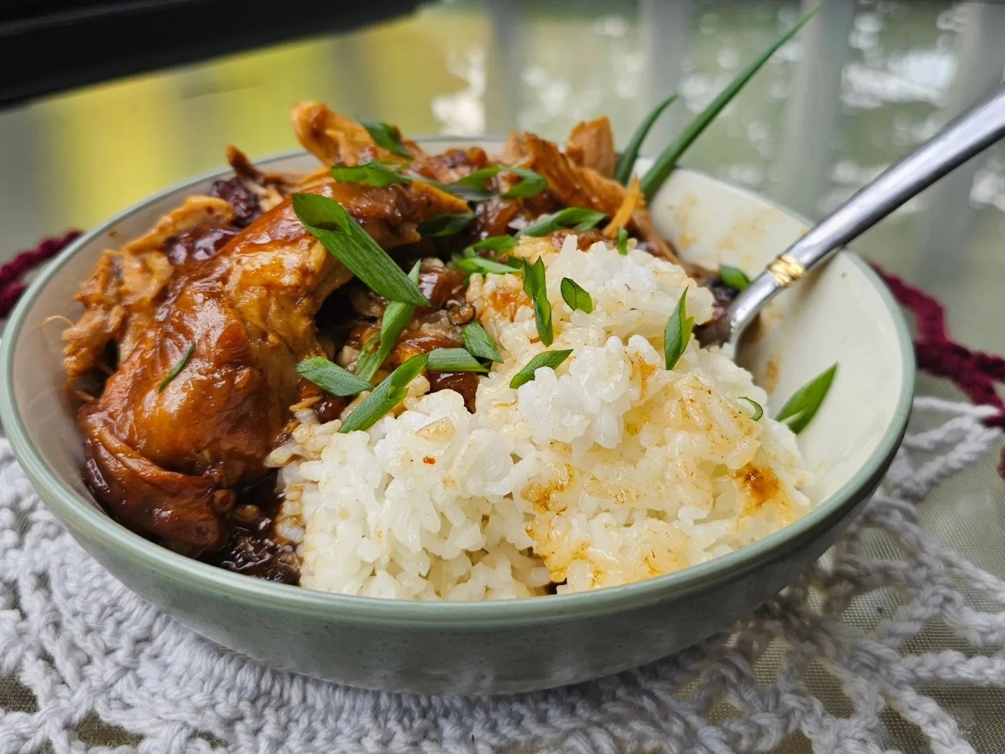 A bowl of rice and glossy brown-sauced food topped with sliced green onions.